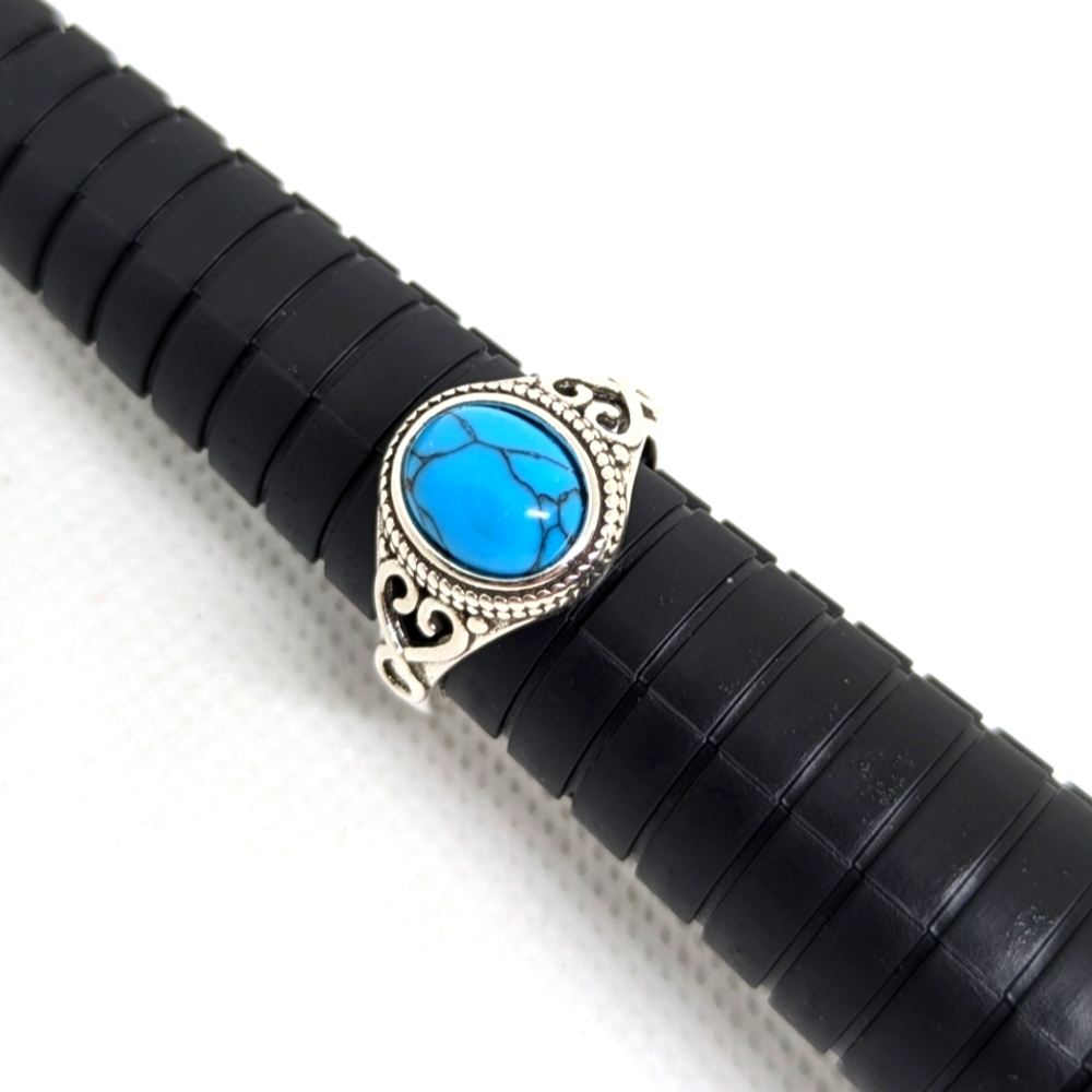 NEW Boho Faux Turquoise Ring Adjustable Silver Alloy Fancy Filigree Heart